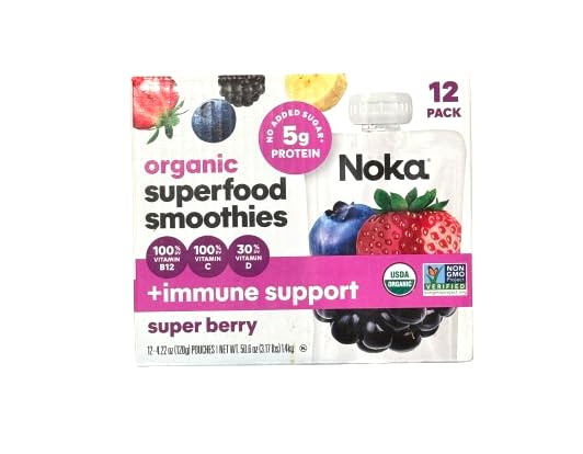 NOKA Organic Super Berry Fruit Smoothie Pouches - Vegan, Gluten-Free, Dairy-Free Snack | Plant Protein & Flax Seeds | 12