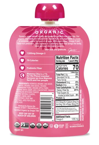 Mamma Chia Organic Prebiotic Squeeze Snack Strawberry Lemonade Fiber-Rich Gut Support USDA Organic Vegan Gluten Free
Mam