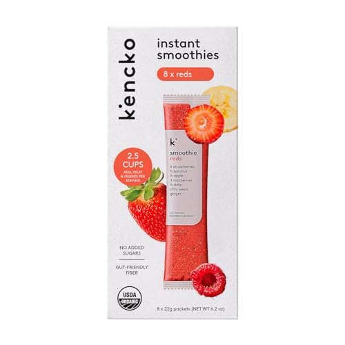 Kencko Reds Smoothie Mix Packets - Organic Fruit & Veggie Healthy Smoothies - Strawberry, Banana, Raspberry, Ginger & Mo