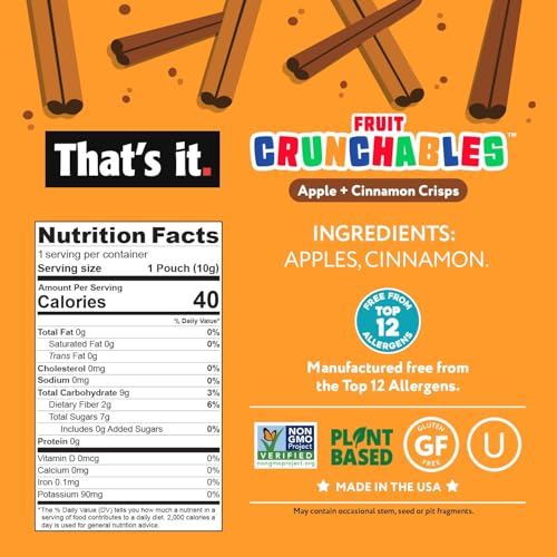 100% Plant-Based Fruit Snacks for Kids - Fruit Crunchables Apple + Cinnamon Crisps, 15-Pack
| Non-GMO & Gluten-Free Hea