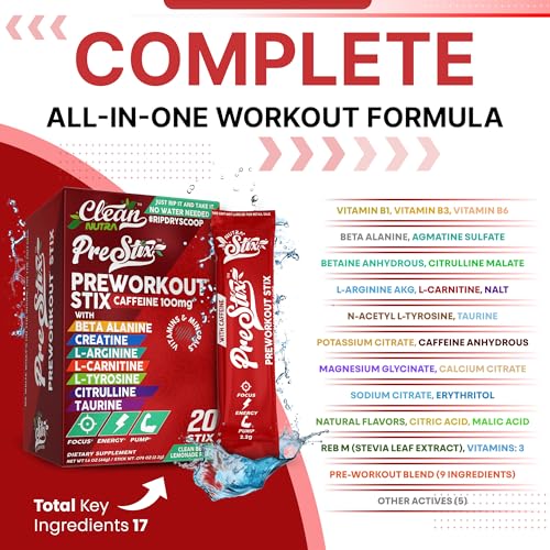 Clean Nutraceuticals Pre Workout Powder Stix - High Energy Electrolyte Drink for Men and Women Before Gym – Creatine, Be