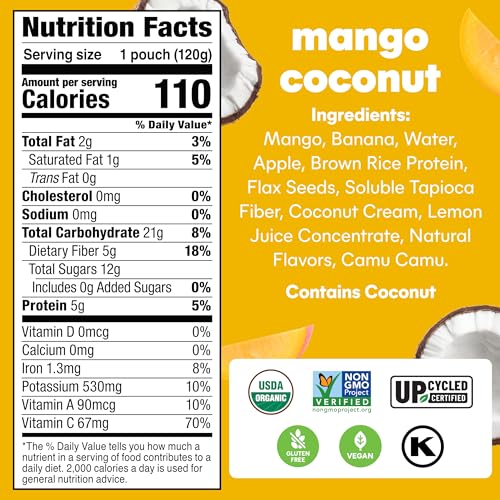 NOKA Organic Mango Coconut Superfood Fruit Smoothie Pouches, Vegan and Gluten Free Snacks, Prebiotic Fiber and Plant Pr