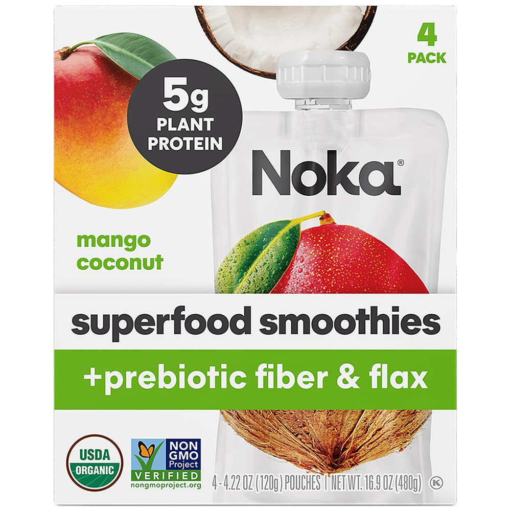  NOKA Organic Mango Coconut Superfood Smoothie Pouches, Plant Protein & Prebiotic Fiber, Vegan & Gluten Free, Healthy Sn