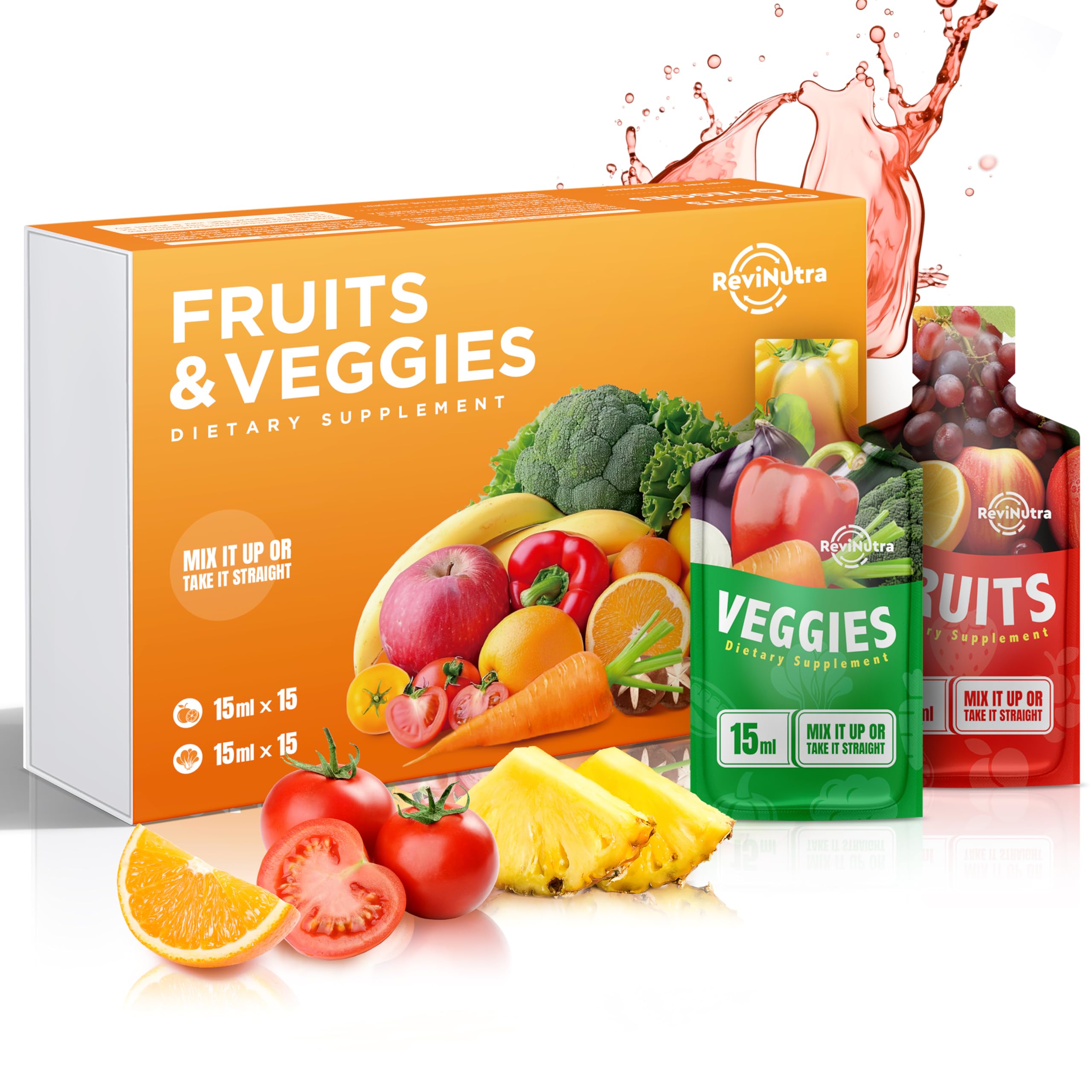 Fruit and Veggies Supplement for Adults and Kids - 30 Pouches Liquid Superfoods - Support Energy, Detox, Immunity, Diges