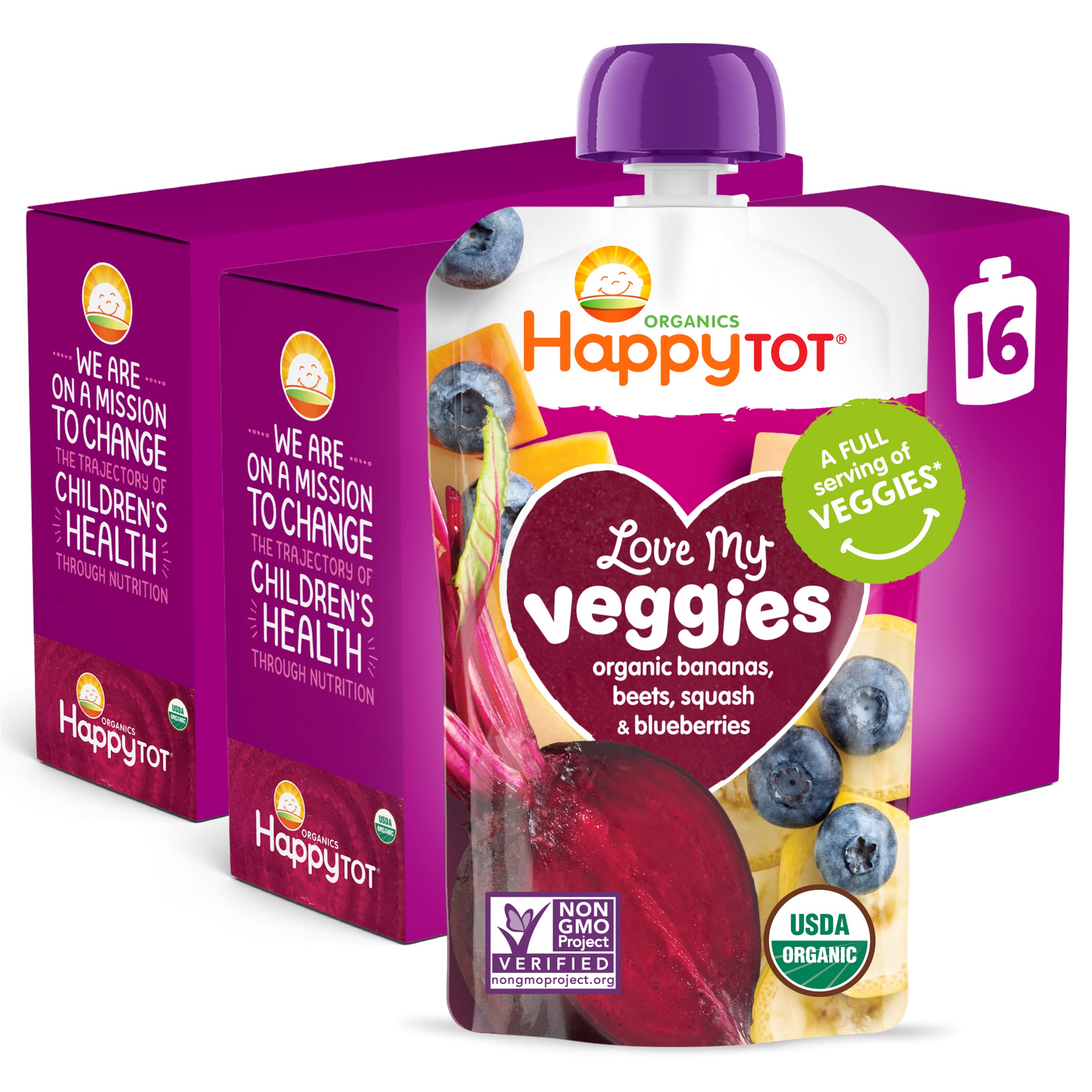 Happy Tot Organics Stage 4 Baby Food Pouches, Gluten Free, Vegan Snack, USDA Organic, Love My Veggies, Fruit & Veggie Pu