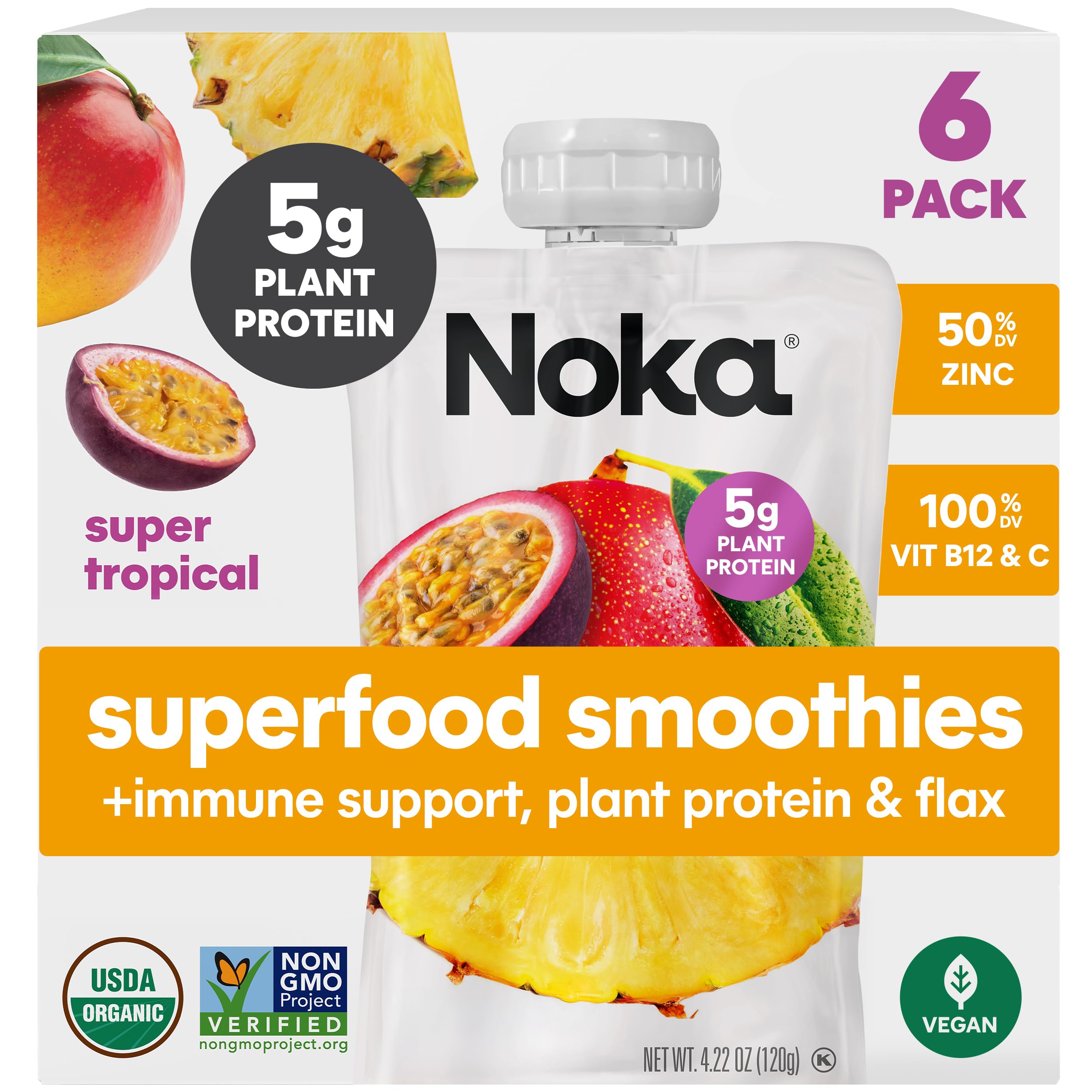 NOKA Superfood Fruit Smoothie Pouches, Immune Support with Elderberry and Vitamin C, Organic Healthy Snacks for Adults, 