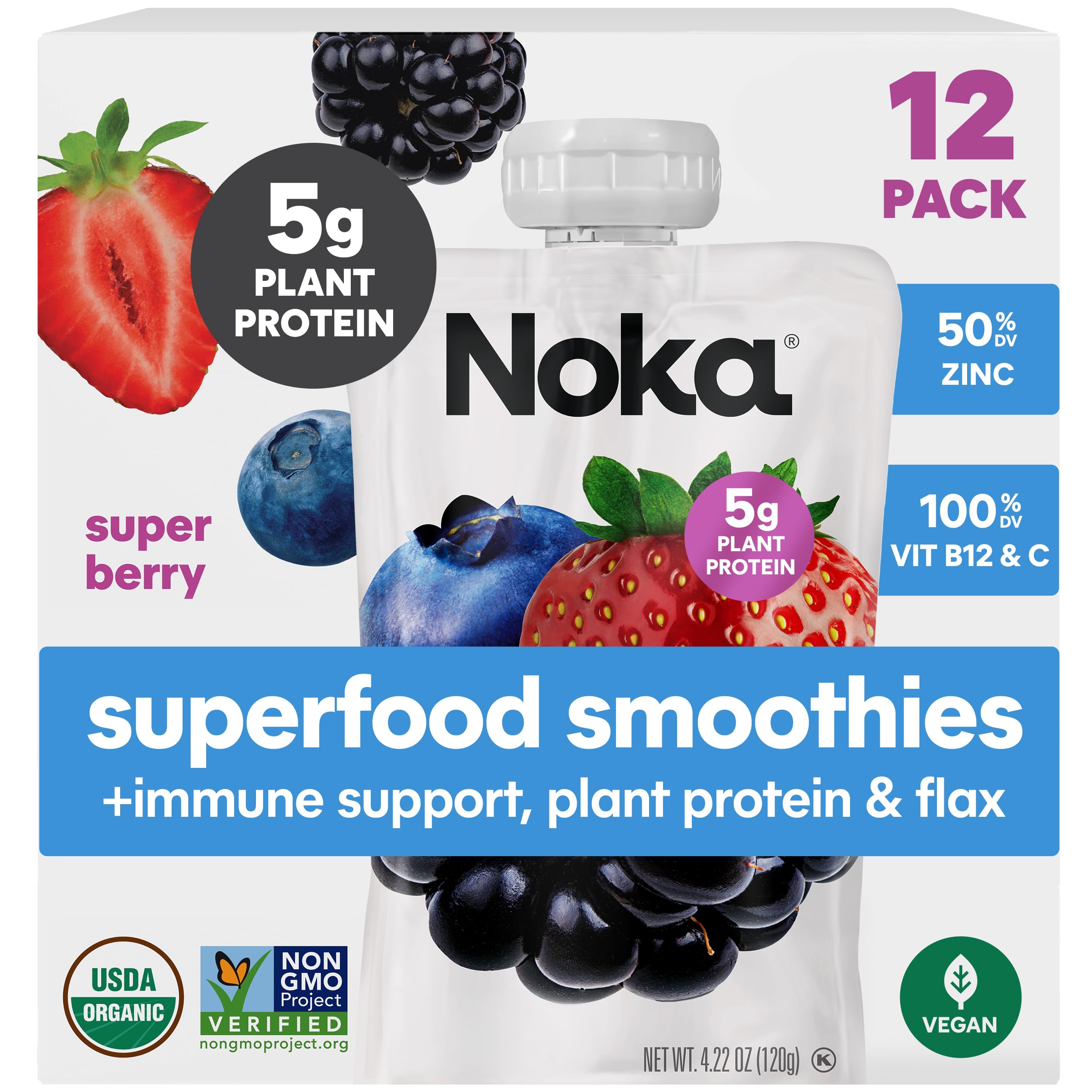  NOKA Organic Superfood Fruit Smoothie Pouches, Super Berry with Immune Support, Gluten Free, Vegan Snacks, |22 oz (12 P