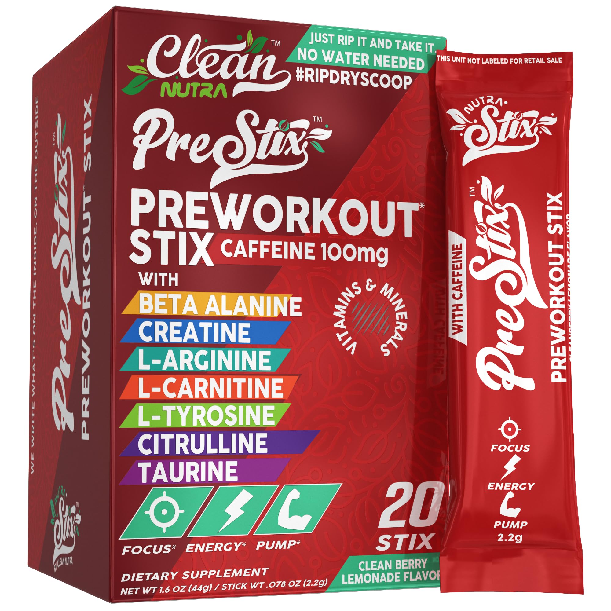 Clean Nutraceuticals Pre Workout Powder Stix - High Energy Electrolyte Drink for Men and Women Before Gym – Creatine, Be