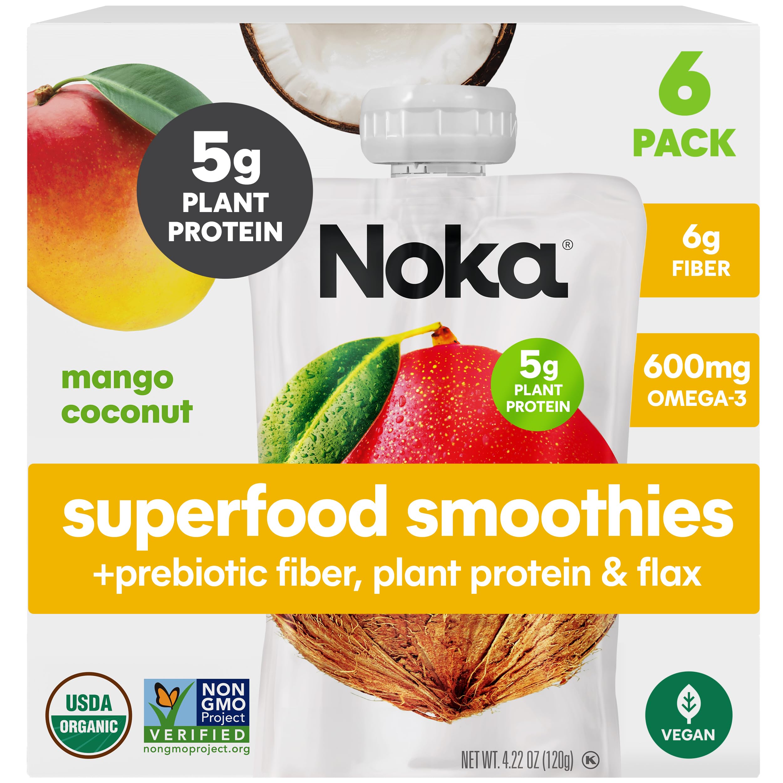 NOKA Organic Mango Coconut Superfood Fruit Smoothie Pouches, Vegan and Gluten Free Snacks, Prebiotic Fiber and Plant Pr